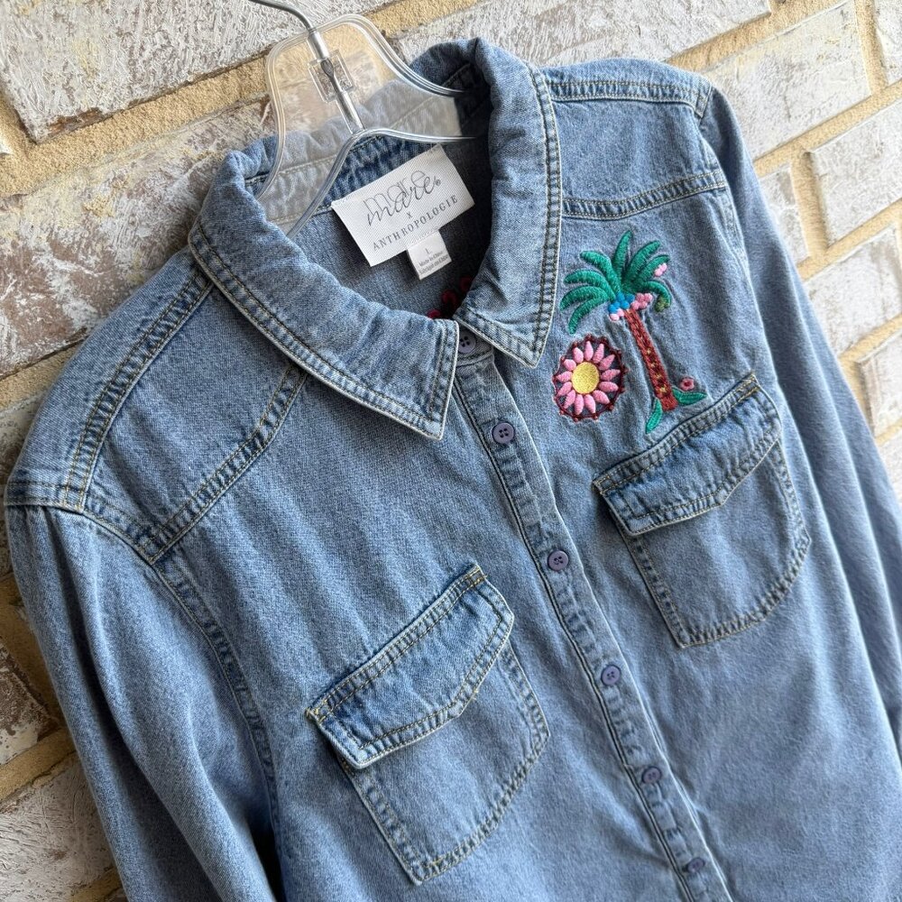 Mare Mare Anthropologie Long Sleeve Button Front Embroidered Denim Shirt Size L - Picture 5 of 8